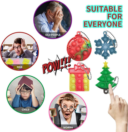 (60pcs) Christmas Mini Push Pop Bubble Fidget Toy, Keychain Bubble Pop Desk Toy, Fidget Keychain Relieve Anxiety Stress