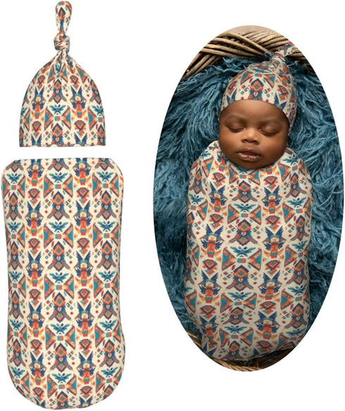 Sets Aztec Pattern Newborn Swaddle Blanket Hat Soft Baby Receiving Blankets Swaddle Sack for Baby Shower Infant Boy