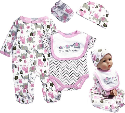 Reborn Baby Girl Doll Clothes 22 inch Newborn Outfits Accessories Elephant 5 Piece Set for 20-22 inch Reborn Doll
