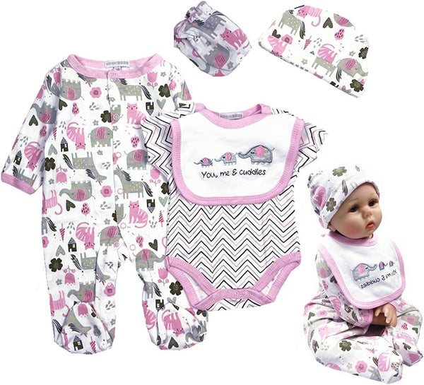 Reborn Baby Girl Doll Clothes 22 inch Newborn Outfits Accessories Elephant 5 Piece Set for 20-22 inch Reborn Doll