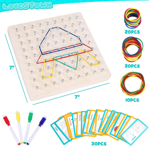 LovesTown Wooden Geoboard, Montessori Educational Toy 9x9 Graphical Geo Board with Rubber Bands for Kids