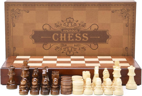 AMEROUS Wooden Chess & Checkers Set - 15 Inches (2 in 1) with Upgraded Weighted Chess Pieces, Gift Package