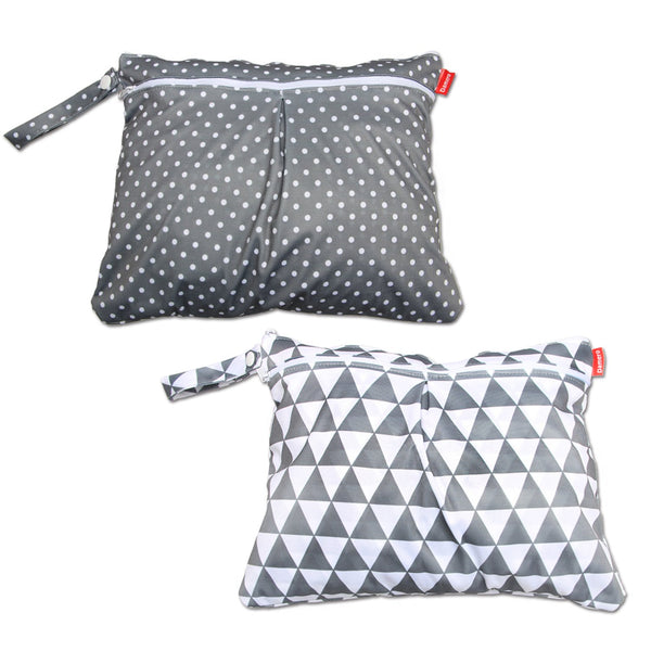 Damero 2pcs Travel Wet and Dry Bag with Handle, Small, Gray Triangle + Gray Dots for Diapers, Clothes, More