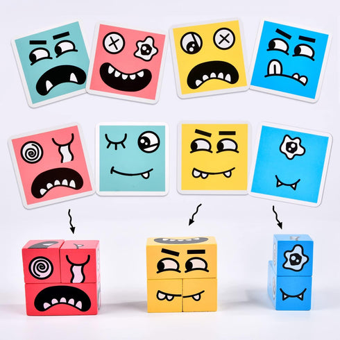 Wooden Face Changing Magic Cube Building Blocks Game Matching Expression Puzzle Toy Board Games for Family Night, Match