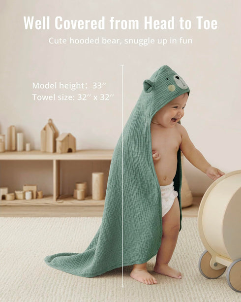 32x32 Blissful Diary Muslin Baby Hooded Towel, Soft and Absorbent Bath Towel for Newborn, Infant, Toddler, Unisex