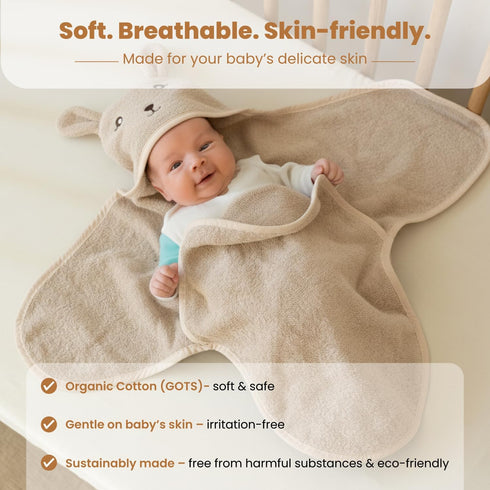 Set 3-Piece Set Baby Gift for Newborns with Organic Cotton Hooded Towel in Bunny Design, Natural Bristle Baby Hairbrush