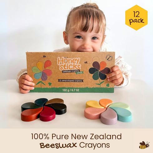 (12 Pack) 1+, 3-6 Honeysticks Flower Shaped Beeswax Crayons - Non Toxic Crayons Made with Pure Beeswax, Chunky Petal