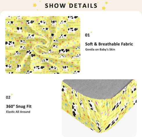 miaozhen 1 Pack 52x28 Cotton Baby Crib Sheets Soft Farm Animal Cow Flowers Colorful Crib Mattress Sheet for Nursery