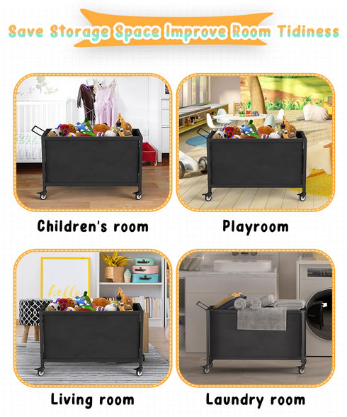 100L Large Kids Toy Box with Wheels, Storage Organizer for Toddlers, Black Toy Storage Bin for Stuffed Animals