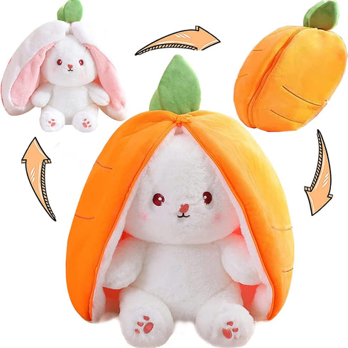 MIAODAM 10-Inch Cuddly Bunny Stuffed Animal, Kawaii Plush Rabbit Doll with Carrot Strawberry Pillow for Baby