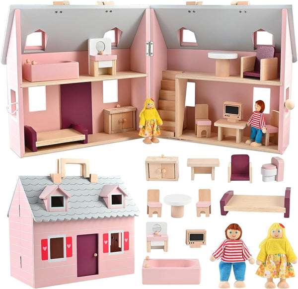 Dollhouse, Wooden Dollhouse for Kids, Foldable Wooden Doll House Dolls and Wooden