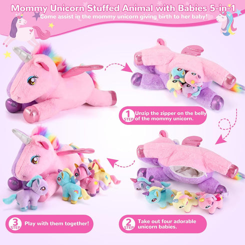 5 1 Mommy 4 3-8, gnomantic Pieces Unicorn Stuffed Animals - Stuffed Unicorn with Babies - Unicorns Gifts for Girls Ages