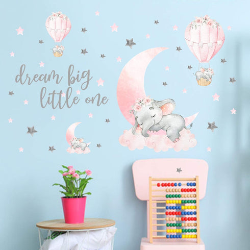 Yovkky Girls Sleeping Elephant Dream Big Nursery Wall Decals, Watercolor Pink Moon Hot Air Balloon Grey Star Decor