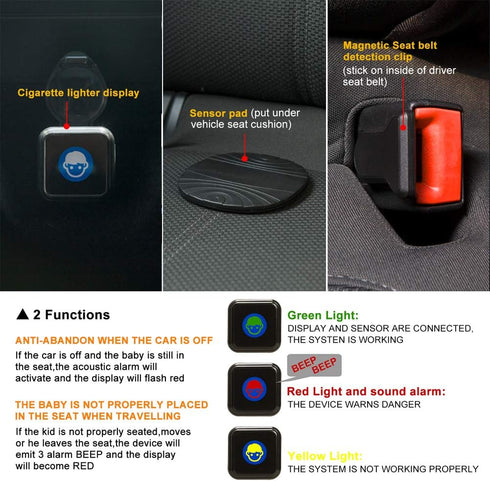 EASYGUARD BAS001 DC12V Baby Car Seat Alarm Reminder Seat pad Alarm System, Baby in Car Reminder Warning with Light