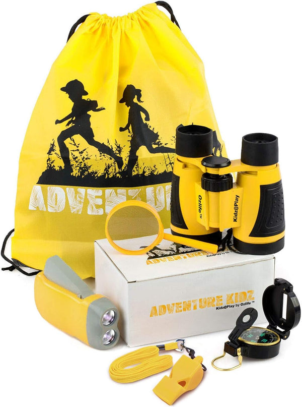 Adventure Kidz Outdoor Exploration Kit, Yellow Backpack with Binoculars, Magnifying Glass, Lensatic Compass, and Fox