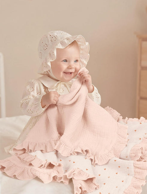100% 40"x36"(Pink lulumoon Muslin Ruffle Baby Blanket - Soft Breathable Cotton Newborn Wrap for Stroller Travel & Car