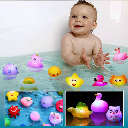 24 Packs Swimming Baby Bath Light Up Toys, Floating Rubber Animal Toys for Toddlers Infant Kids Boys Girls Flashing
