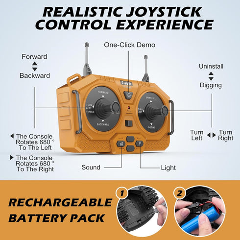 2.4Ghz, 6-12 Remote Control Excavator Toys, RC Construction Toys with Metal Shovel, Lights, Sounds RC Truck Digger Toys