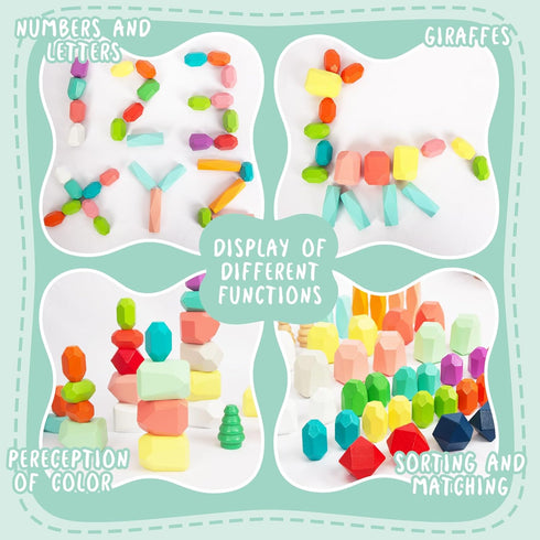 48 PCS Wooden Sorting Stacking Rocks Stones - Sensory Toddler Toys Learning Montessori STEM Building Blocks Game for