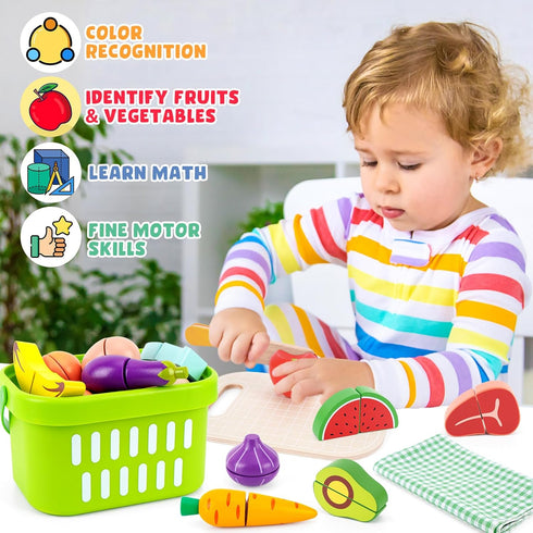 1 2 3 Wooden Food for Play Kitchen - Cutting Fruits Toys for Years Old Toddlers Kids, Vegetables Gift for Boys Girls