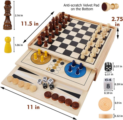 7-in-1 Set Backgammon, Juegoal Wooden Board Game for Kids Adults, Tabletop Combo Classic Travel Portable Board Games