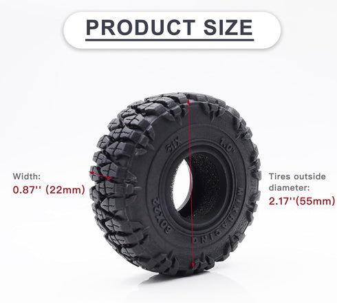 1.0 Tires, 60 * 22mm Soft Rubber Crawler Wheel Tires with Foam Inserts for 1/18 TRX4M 1/24 RC Crawler