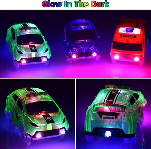 Replacement Toy Cars for Magic Tracks, Glow in The Dark, Racing Car Track Accessories with 5 LED Lights, 4 Pack