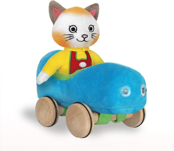YOTTOY Richard Scarry Collection, Huckle Cat Soft Toy with Busytown Blue Car, 2 in 1 Toy