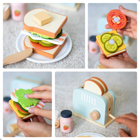 Set 3 4 5 6 UMU Wooden Toaster & Sandwich Play Includes Pop-up Toaster, Sliceable Butter, Kitchen Accessories & More