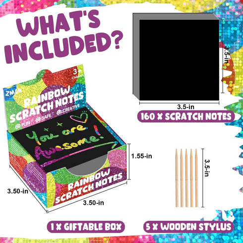 ZMLM Stocking Stuffers Gift for Kids, 165 Holographic Rainbow Scratch Paper Art Mini Notes Cards, Party Favor Supplies