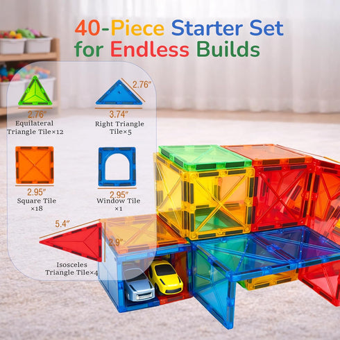 Set 2D 3D, 36 LATI Magnetic Tiles Starter for Kids,Beginner Magnetic Building Blocks for Early Learning, Build