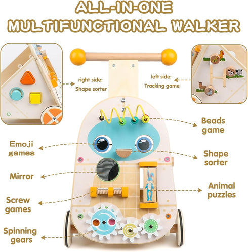 Wooden Baby Walker, Adjustable Speed Push and Pull Learning Activity Walker, Toddler Activity Center Toys