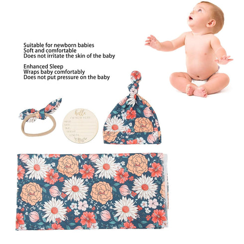 Set Cozy 4) Vibrant Floral Print Newborn Swaddle Blanket with Hat and Headband, and Breathable, for Boys and Girls