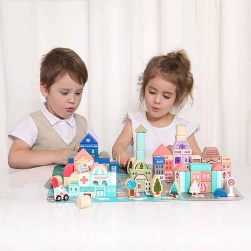 Wooden Building Blocks Set - City Construction Stacker Educational Toys for Toddler Gifts, 3+ Year Old