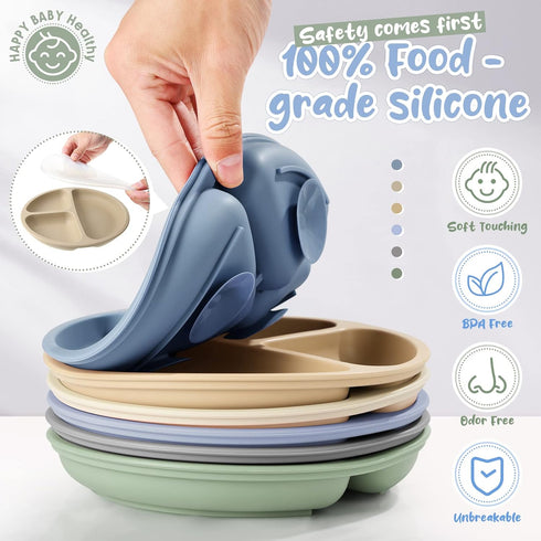 6 Pack set Meanplan Suction Plates for Toddlers with Lids Silicone Baby Plates Food Grade Silicone Divided Design BPA