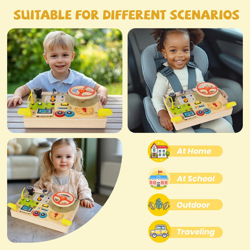 3+ Montessori Busy Board for Toddlers Baby Busy Board Car Steering Wheel Wooden Sensory Board Travel Toys for Fine