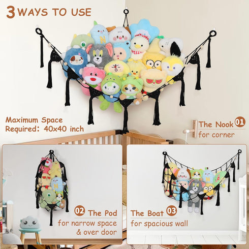 Hammock 57 Inch 100% Hammock Stuffed Animal Storage Corner, Large No Drilling Handcrafted Stuffed Animal Net, Natural