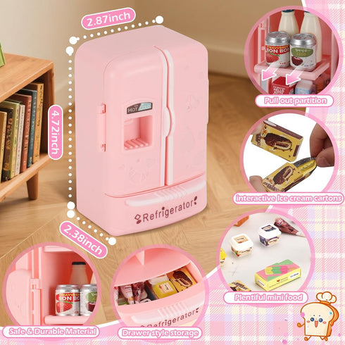 kimo 40+ Playset. Mini Refrigerator Toy, Fill The Fridge with Ice Cream, Juice & Mini Food Toys for Dollhouse