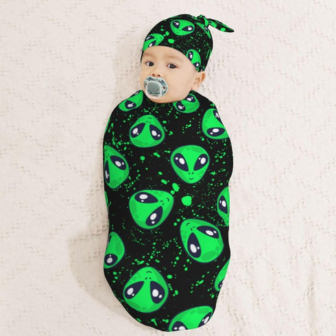 Green Alien Head Newborn Swaddle Blanket and Hat Set, Soft Baby Receiving Blanket for Infant Boy Girl Gift