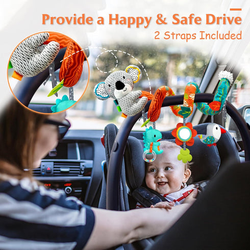 XIXILAND Car Seat Toys for Infants 0-12 Months, Developmental Stroller Toys with Dinosaur, Lion Mirror, Teether