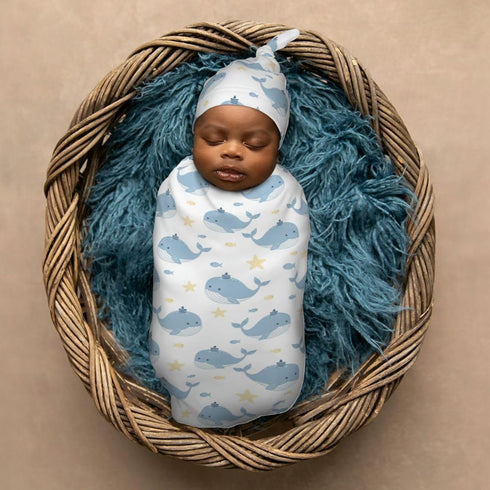 Sets Whales with Fishes Newborn Swaddle Blankets Hat Soft Baby Receiving Blanket Swaddle Sack for Baby Shower Infant
