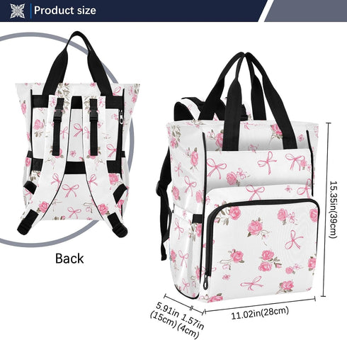 Bolaz Backpack Pink Rose Bow White Diaper Bag Tote Multifunction Baby Nappy Changing Bags Large with Stroller Straps