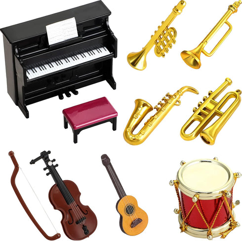 Dollhouse Miniature Musical Instrument Set in 1:12 Scale, Includes Violin, Piano, Trumpet, and Guitar