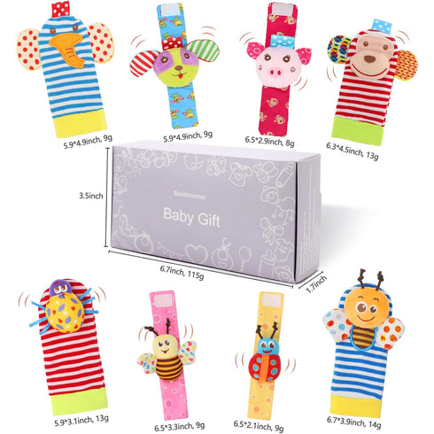 Bloobloomax Soft Baby Rattle Wrist Rattle Foot Finder Socks Set - Cotton and Plush Stuffed Infant Toys (8pcs-B Set)