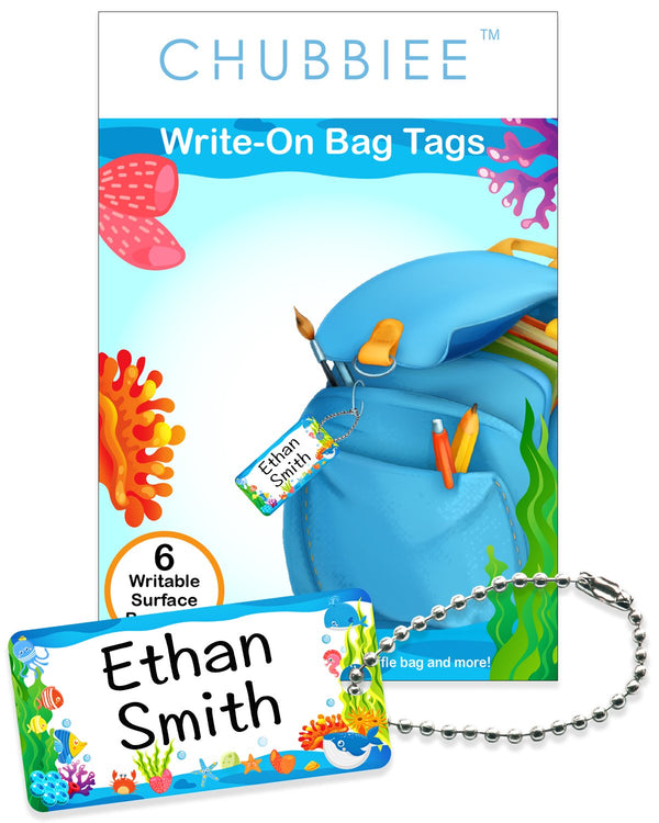 Child ID Bag Tags, Write-On Kids Name Tags for Backpack, Lunchbox & Diaper Bag, Pack of 6, Blue Ocean