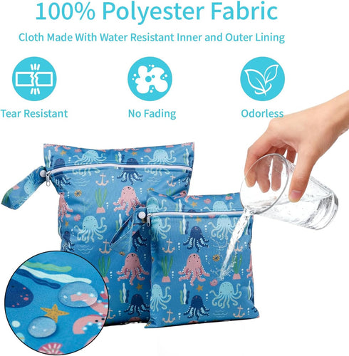 CoolaPeach 2 Pcs Wet Bags Waterproof Reusable Zippered Pocket Cloth Diaper Bag for Travel Beach Pool Swim, Baby
