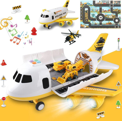 Dwi Dowellin Construction Toy Airplane Set with Play Mat, Excavator, Bulldozer, Mixer, Dumper Truck, Forklift, Crane,