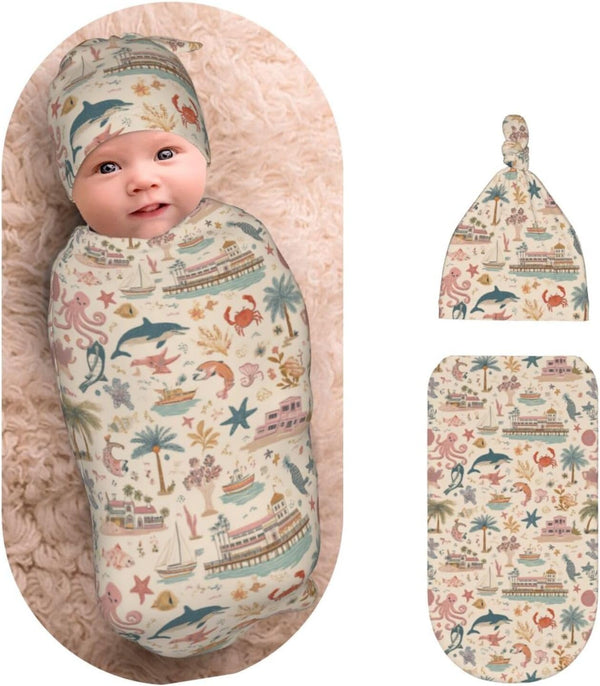 Nanyizly Trees and Boats Newborns Beanie Swaddle Blanket Set Baby Receiving Blankets for