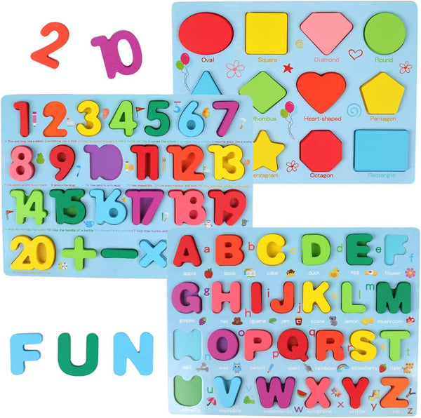 Alphabet and Number Puzzle Set, Wooden Upper Case Letter and Shape Learning Puzzles for 3-5 Year Olds