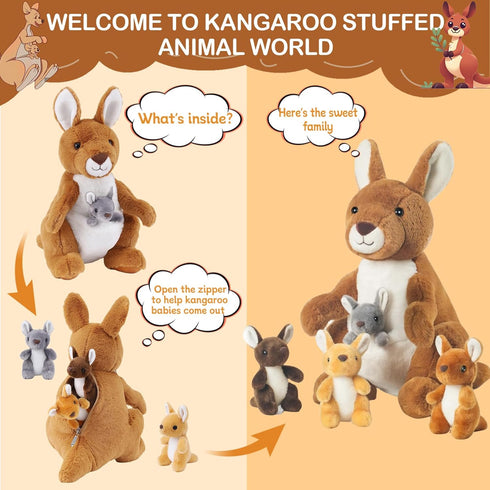 5 16 Inch Mommy 4 PCS Kangaroo Stuffed Animal, Stuffed Kangaroo Plush Toy with Babies Insides, Kangaroos with Joey